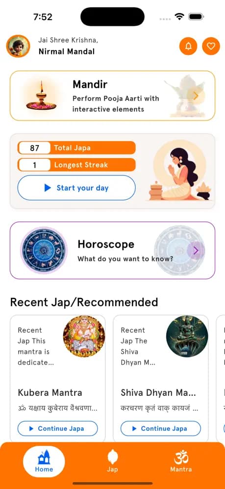 Mantra Japa App - Home Screen with Mandir, Japa Stats, Horoscope, and Recent Japa